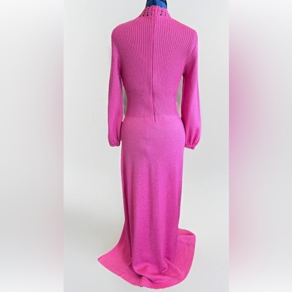 Vintage 70s Dolphin California Hand Knit Pink Maxi Gown Dress w/ Slit - Picture 6 of 14